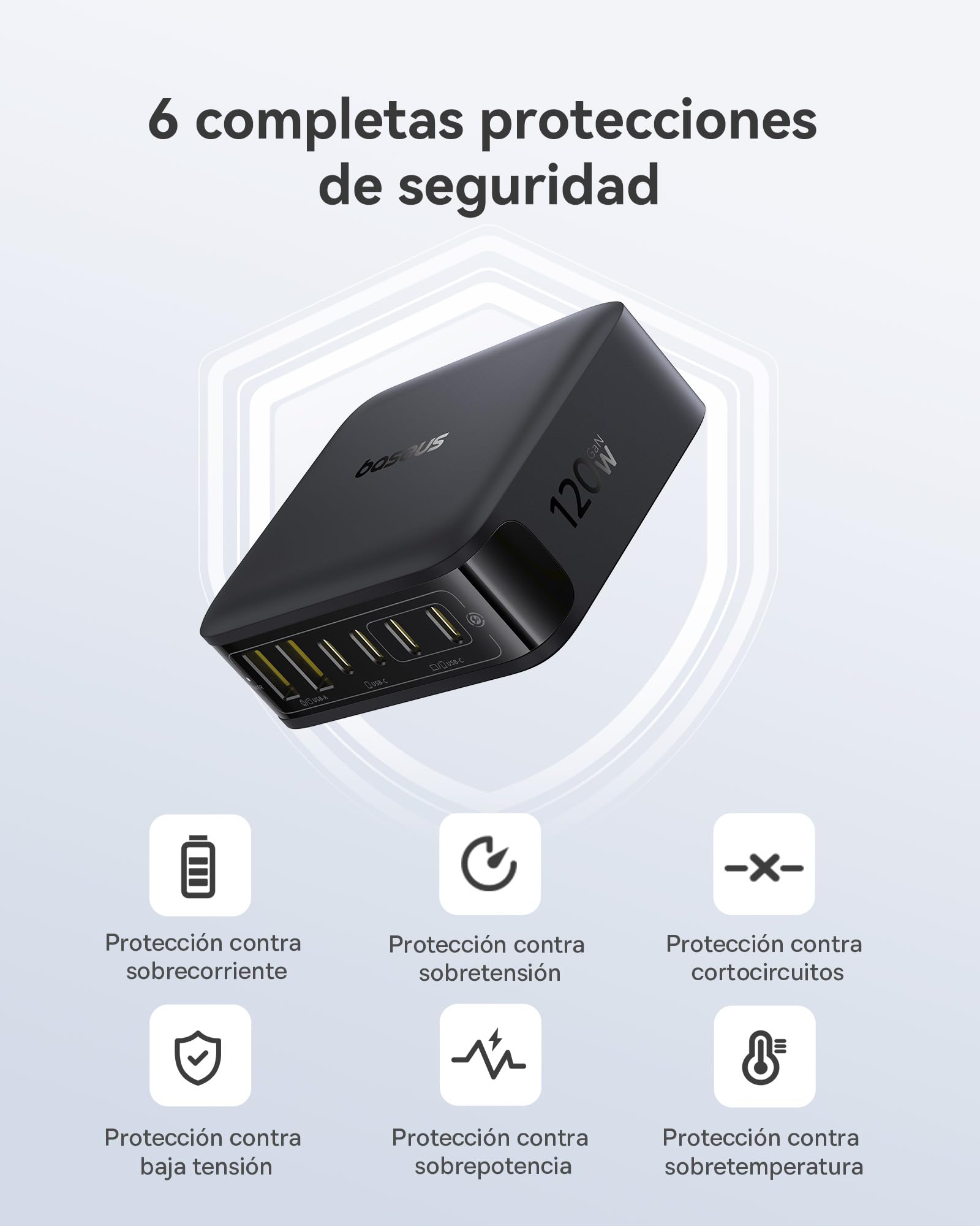 Baseus Cargador USB C 120W, Estación de Carga Rápida con 6 Puertos, para iPhone 17/16/15 Serie, MacBook Air, Galaxy, iPad, und Mehr