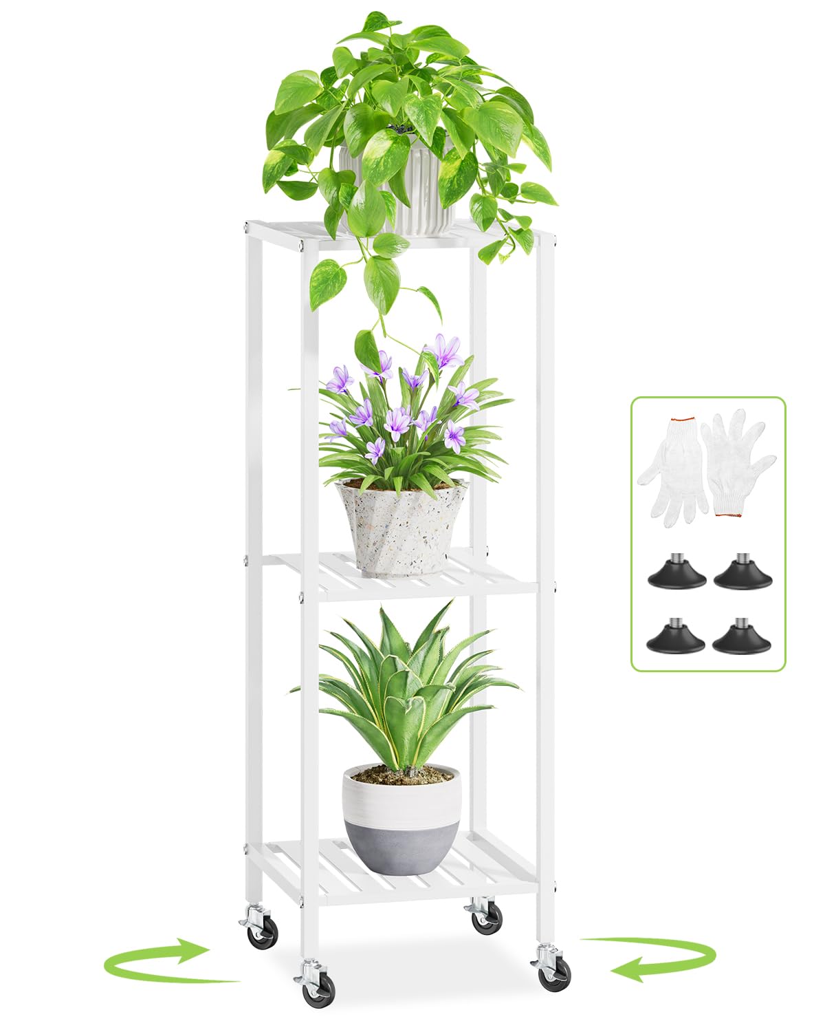 iDavosic.ly 3 Tier Plant Stand Indoor with Wheels, Metal Flower Holder Shelf Outdoor for Large Pots, Tall Corner Vertical Rolling Rack for Patio Porch Garden Balcony Living Room, White