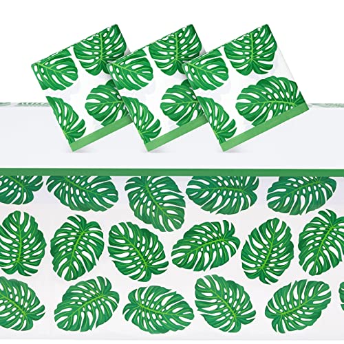 Image of BLUE PANDA Tropical Leaves Tablecloths - 3 Pack, 54 x 108 in, Green /White Plastic - Baby Shower Tablecloth for Luau Party Decoration & Safari Decoration