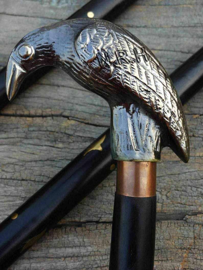 Antique Solid Brass Raven Head Handle Nautical Style Walk Stick With Black Wooden - Image 4