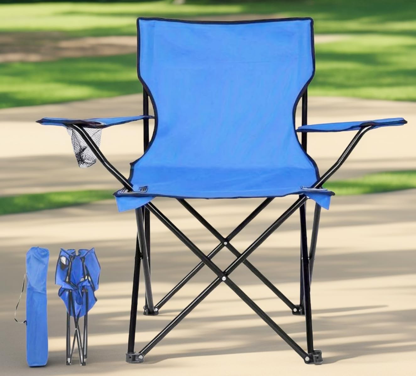 Meown Camping Chair with Armrests & Cup Holder | Lightweight & Portable | Perfect for Caravan Trips, BBQs, Garden, Beach, Picnic & Travel | Includes Carrying Bag (Blue)