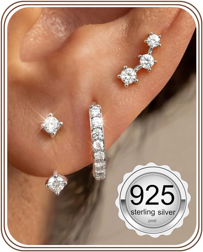 3 Pairs 925 Sterling Silver Hypoallergenic Earrings Set for Multiple Piercing Dainty 14K Gold Plated Stud Huggie Small Hoop Earrings for Women Trendy Cute Earring Stacks for Sensitive Ears