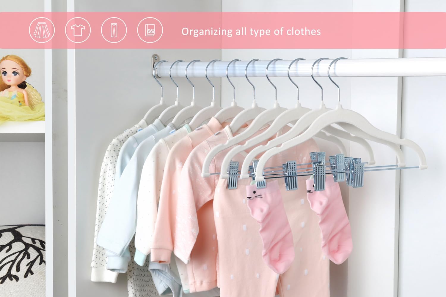 ManGotree 11.8'' Baby Velvet Hangers with Movable Clips, Non-Slip Kids Felt Hangers, Ultra-Thin Space-Saving Children's Clothes Hangers for Skirts, Pants, Dresses, Shirts, Jackets (28 Pack, White) - Image 2