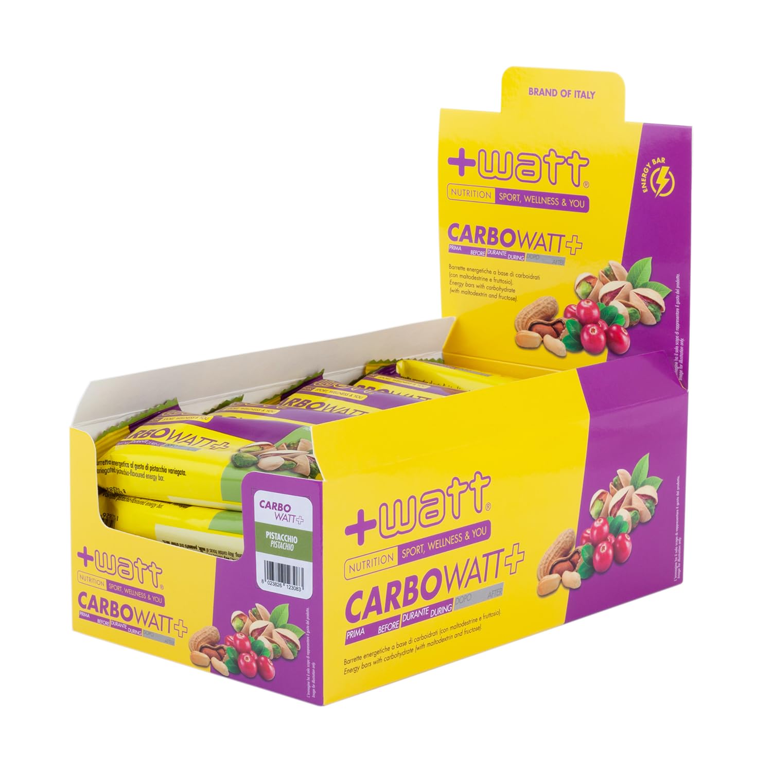 Carbowatt+ Barretta Energetica a Base di Carboidrati con Maltodestrine e Fruttosio - Barretta ad Azione Pro-​energetica per il Breve e Lungo Termine (20 barrette, Pistacchio)