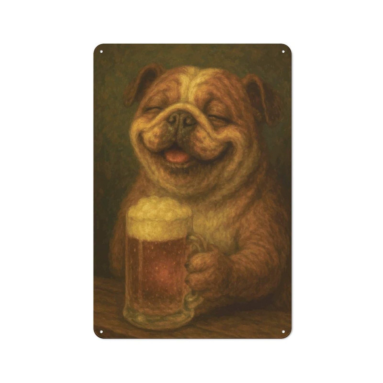 Junmoney Happy Bulldog With Beer Painting Vintage Metal Gift Sign 30X20cm, Novelty Wall Art For Hallway, Home Bar, Garage Or Study