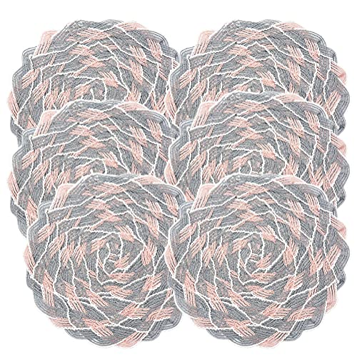 Juego de 6 manteles individuales tejidos redondos de algodón con forma de flor de 18 cm (rosa y gris)