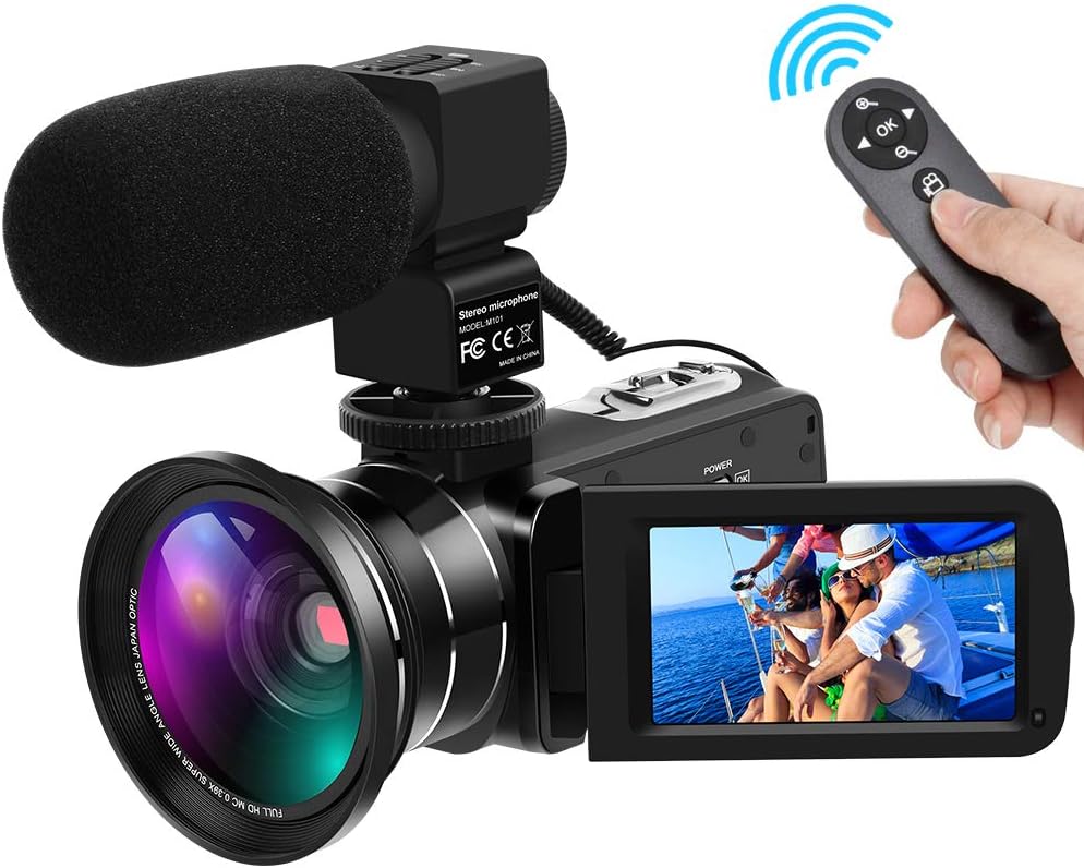 Video Camera Full HD 1080P 30FPS 24MP Digital Camera Camcorders 16X Digital Zoom IR Night Vision Vlogging Camera with External Microphone and Wide Angle Lens