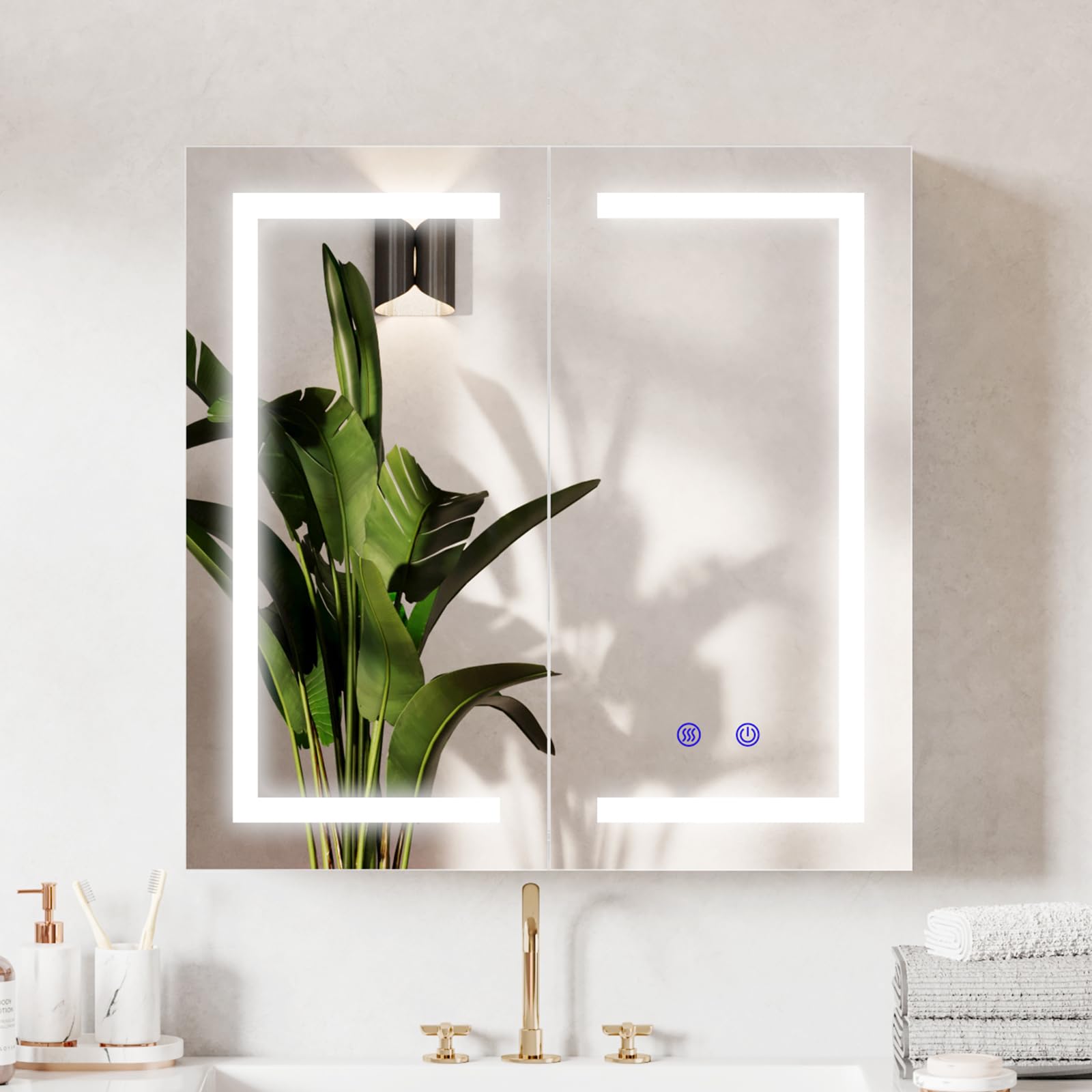 Szafka łazienkowa z lustrem LED, 600 x 600 mm, odmgławiacz, możliwość przyciemniania, 3 kolorowe lekkie lusterko do makijażu, montowana na ścianie, szafka łazienkowa z oświetleniem i
