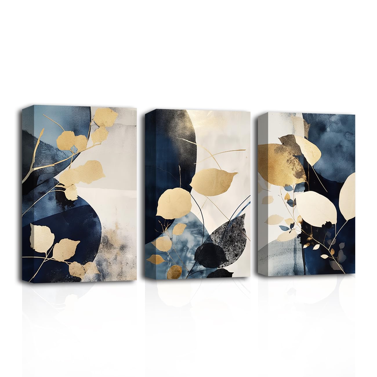 LZIMU Navy Blue and Gold Wall Decor 3 Piece Abstract Pictures Blue Beige and Gold Canvas Prints Gold Foil Leaf Painting for Home Decor Framed (Abstract-2, 20.00"x28.00"x3P) โ image 1