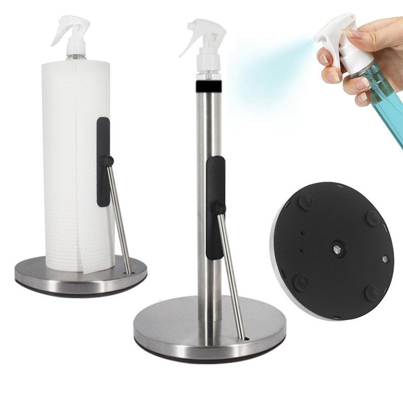 Porta de Cocina Soporte de Pie Organizador de Toallas de Papel Acero Inoxidable Antióxido con Botella Pulverizadora Funcional Adecuado para, Copa de Succión Plata, Individual
