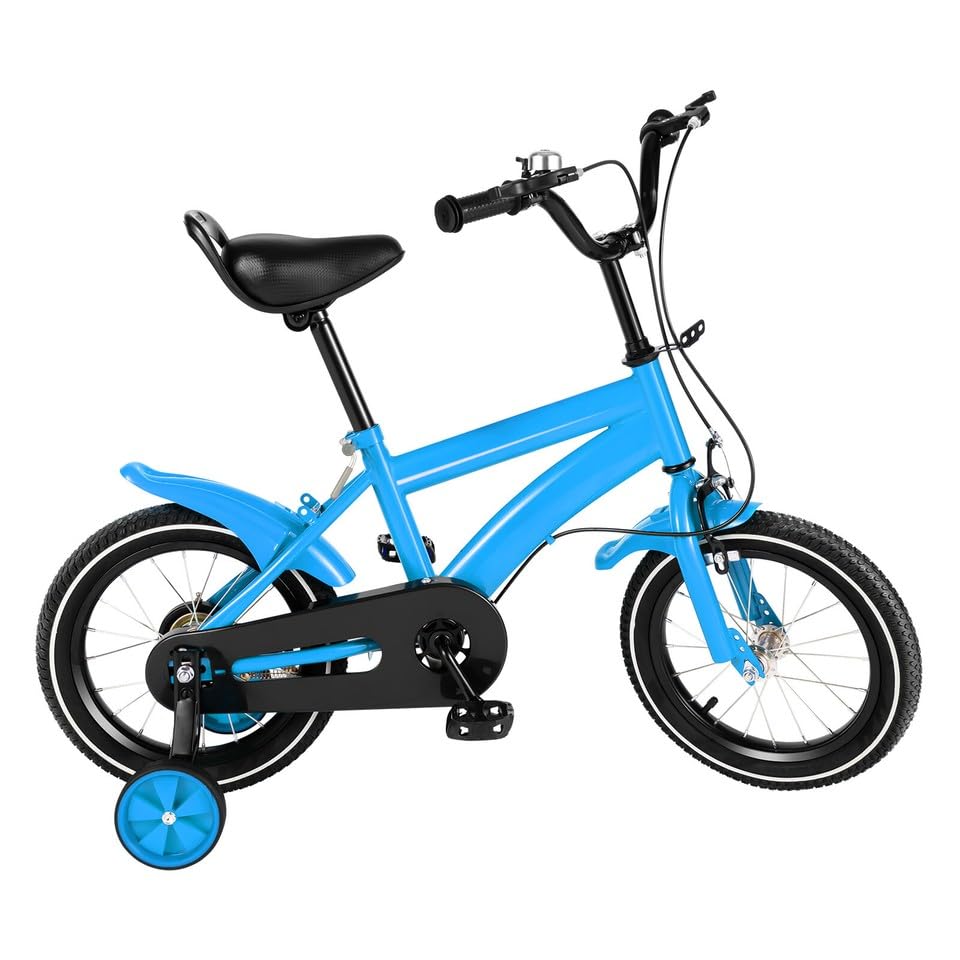 MccoMMon Vélo pour enfant de 14 pouces à partir de 4 ans, vélo pour garçon et fille, avec roues d'entraînement, freins à rétropédalage, roues supplémentaires réglables en hauteur, double système de