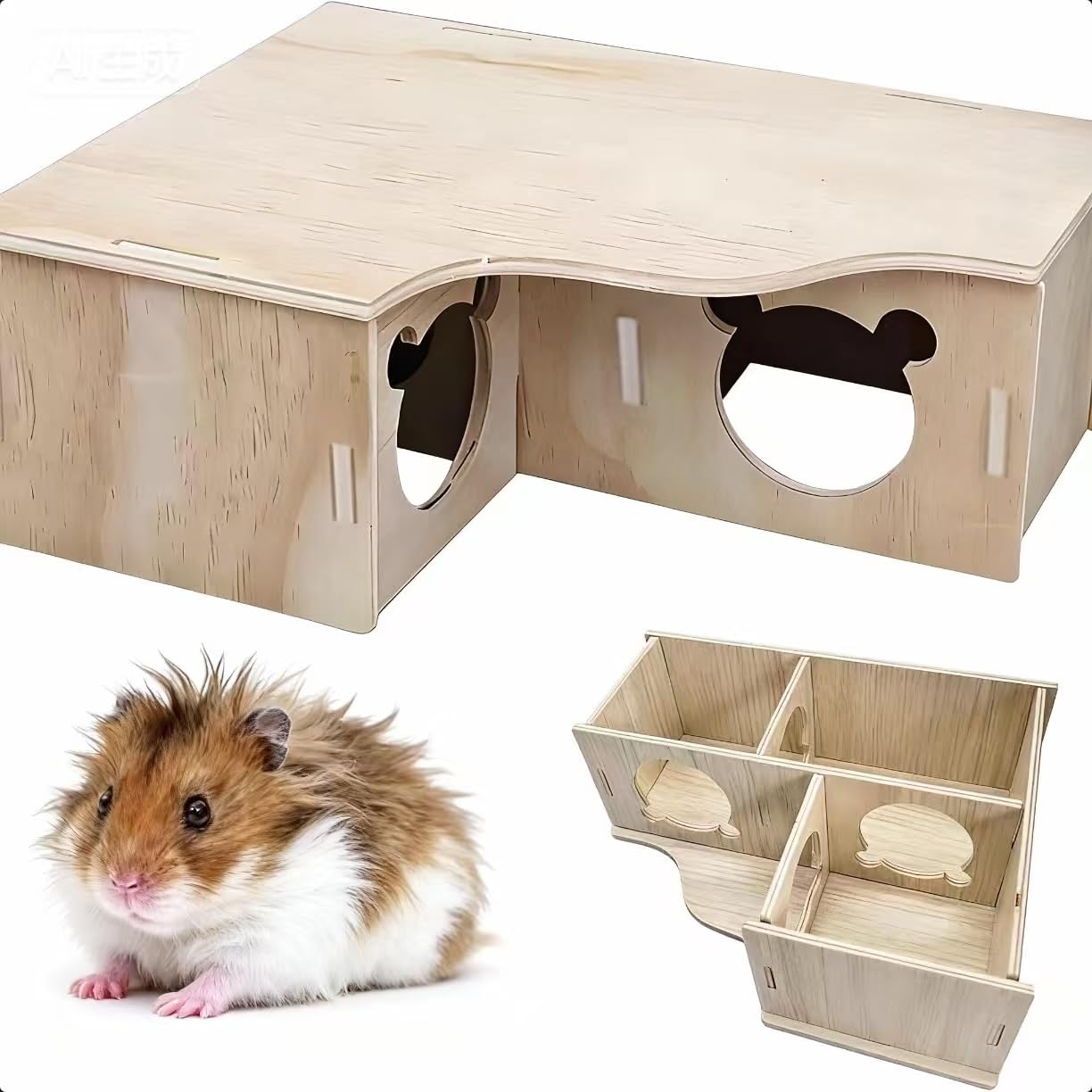 RARITYLL Wooden Hamster Hideout with Lid - Multi Chamber House, Platform & Hide for Syrian Dwarf Hamsters, Mice, Gerbils Small Pets