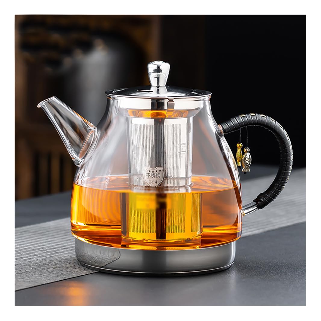 Induction Cooker Special Glass Teapot With Cool Handle, Heat Resistant Borosilicate Glass Teapot With Stainless Steel Inner Filter,tea Kettle Stovetop Glass Flower T A-1.4L