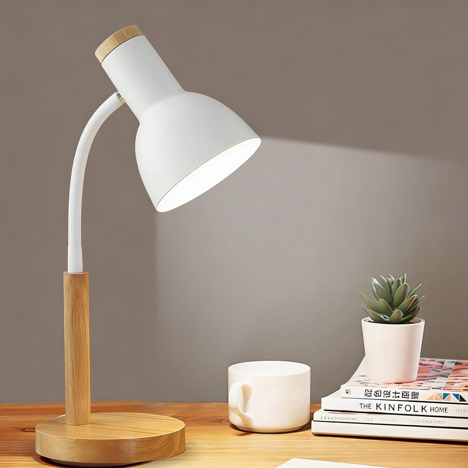 Leikurvo Lámpara de escritorio para niños, lámpara de mesa LED, lámpara de lectura E27, brazo ajustable, metal y madera, lámpara de noche de estilo nórdico para dormitorio, salón, estudio (blanco)