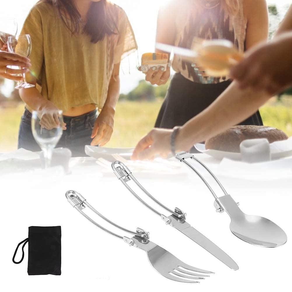 2 set Kit Couvert Camping Pliable, 304 Vaisselle pliante, Vaisselle Pliable Et Ultra-Légère Trois En Un, Comprend Un Sac En Nylon Noir, Très Adapté Pour Les Voyages De Pique-Nique En Plein Air