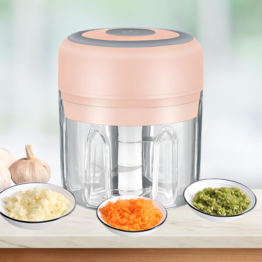 Pink - Mini procesador eléctrico de alimentos y picador de ajo, 250 ml, carga USB, 3 cuchillas, perfecto para picar verduras, pimienta, cebolla, ajo, jengibre, especias, carne, alimentos para bebés y