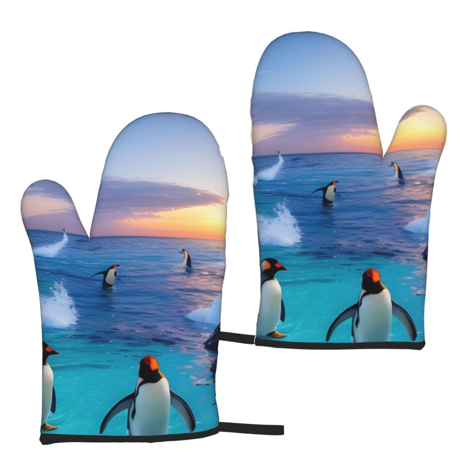 Nimongt Women's Black Penguin And Sea Print Adults Universal Fit Heat Resistant Oven Gloves Reusable Cooking Outdoor Grilling