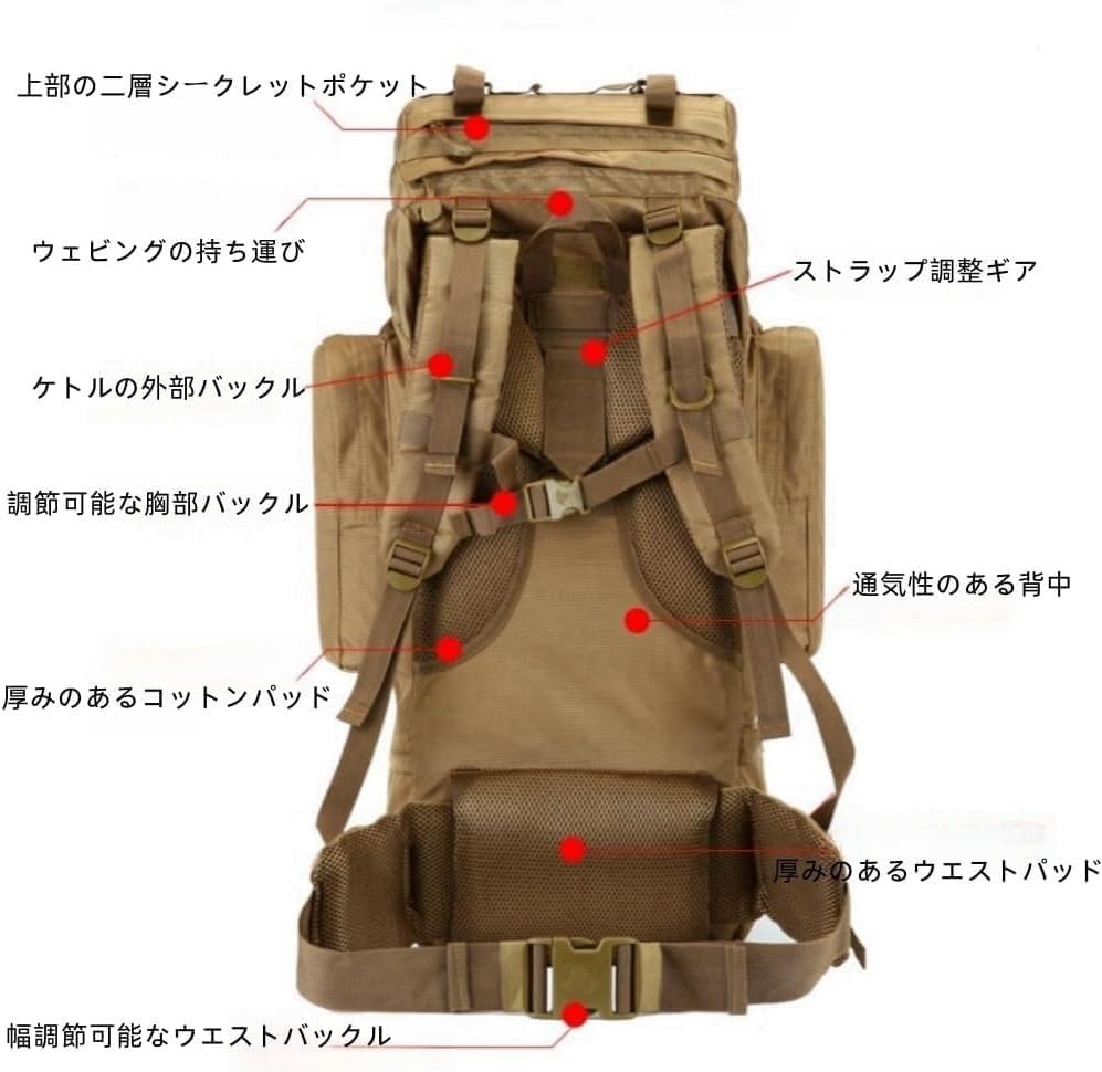 [Heartserice]登山用大容量防水タクティカルバックパック、マルチポケット、防災鞄、キャンプハイキング適用