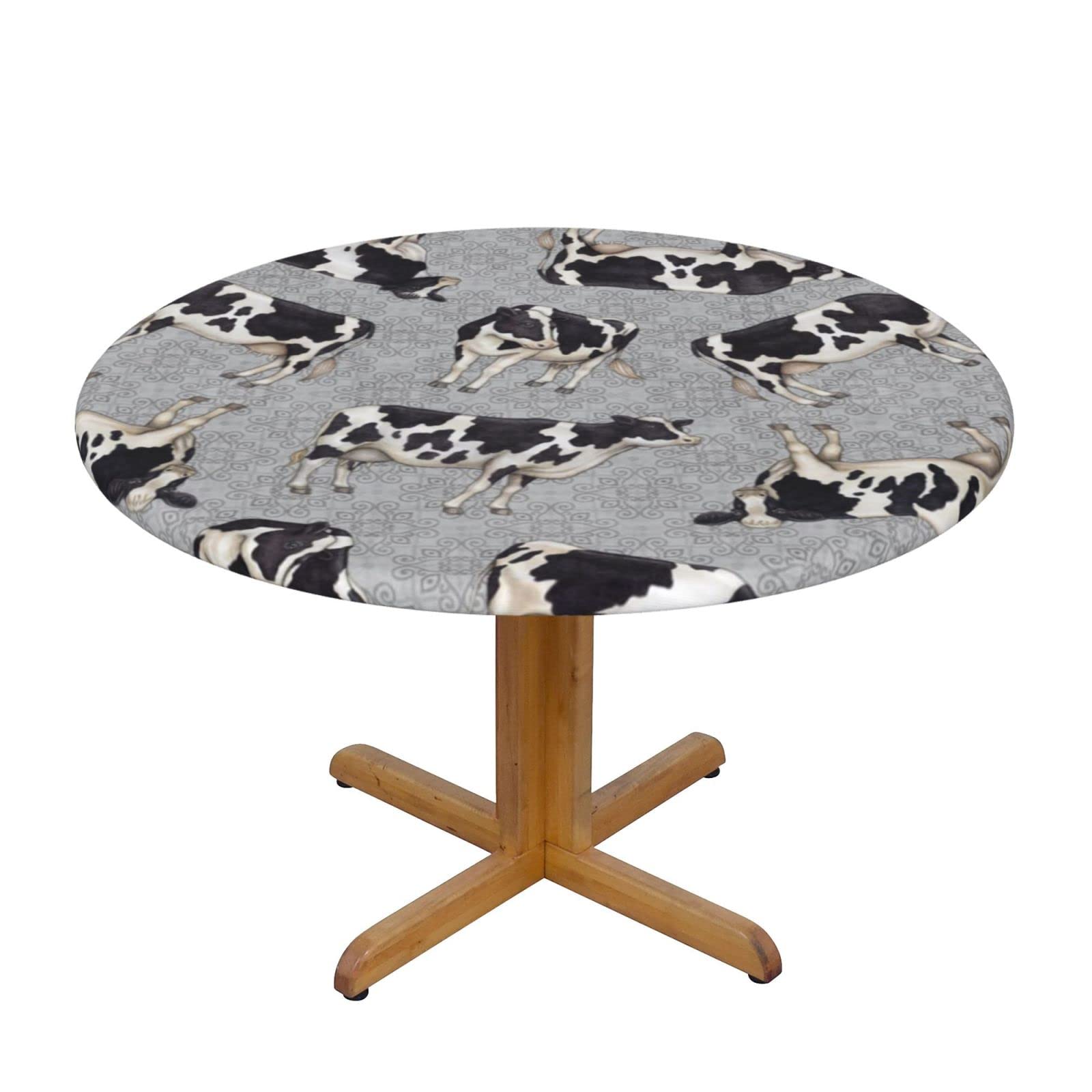 Lsjuee Round Fitted Tablecloth 45-50in Elastic Edged Table Cloth for Kitchen Dining Party Home Decor - Cows Gray Texture
