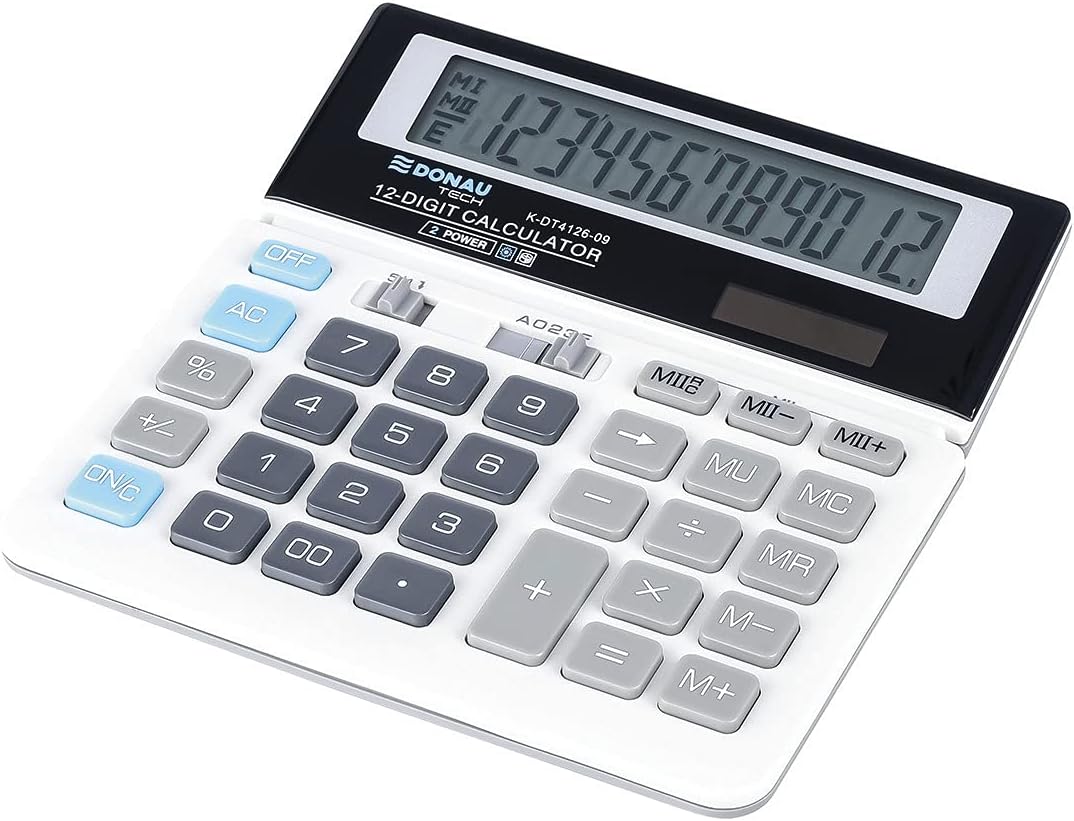 DONAU TECH/K-DT4126-09 Desktop Calculator 12-Digit Root Function 156 x 152 x 28 mm White with 12-Digit Display Dual Power Solar Battery Operated Compact Design