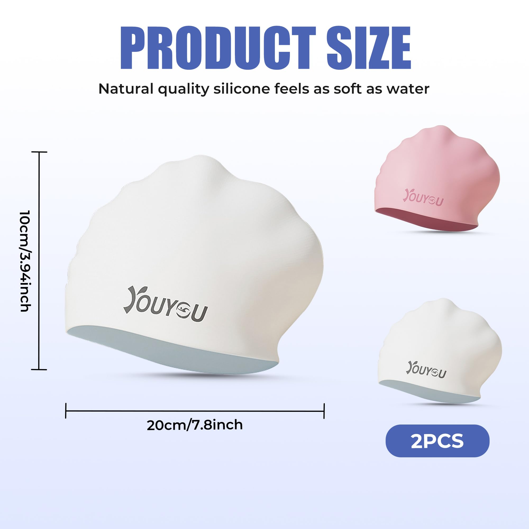 2 Pack Silikon Badekappen für langes Haar, große wasserdichte Bademützen für Frauen, Männer und Erwachsene mit dickem oder lockigem Haar, Bequeme 3D Bademützen - 3