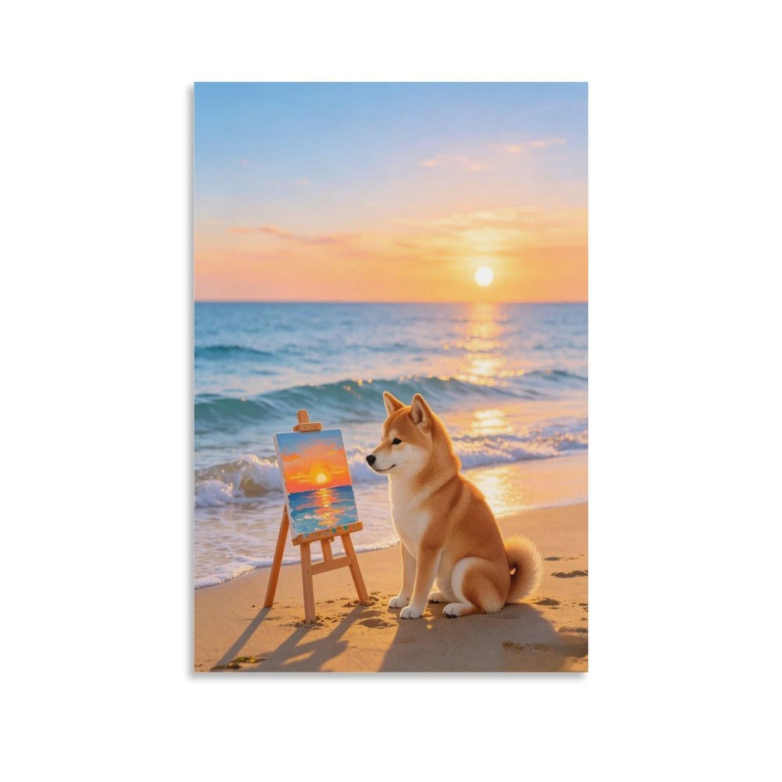 IEJKLUVWX Beach Shiba Painter Wall Pictures Sunset Coastal Puppy Waterproof Canvas Vibrant Colours High Definition for Sofa Background Hallway Gift Buyer Original 20x30inch(50x75cm)