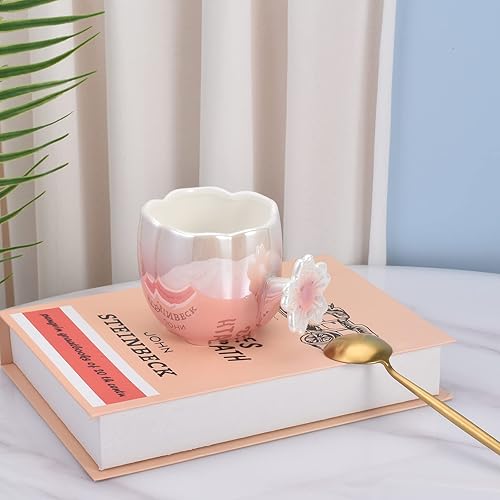 Miniatura 4 de Koythin Taza de café de cerámica, diseño de flor de cerezo rosa con asa para oficina y hogar, 8.5 oz8.5 fl oz para café con leche (rosa perla)