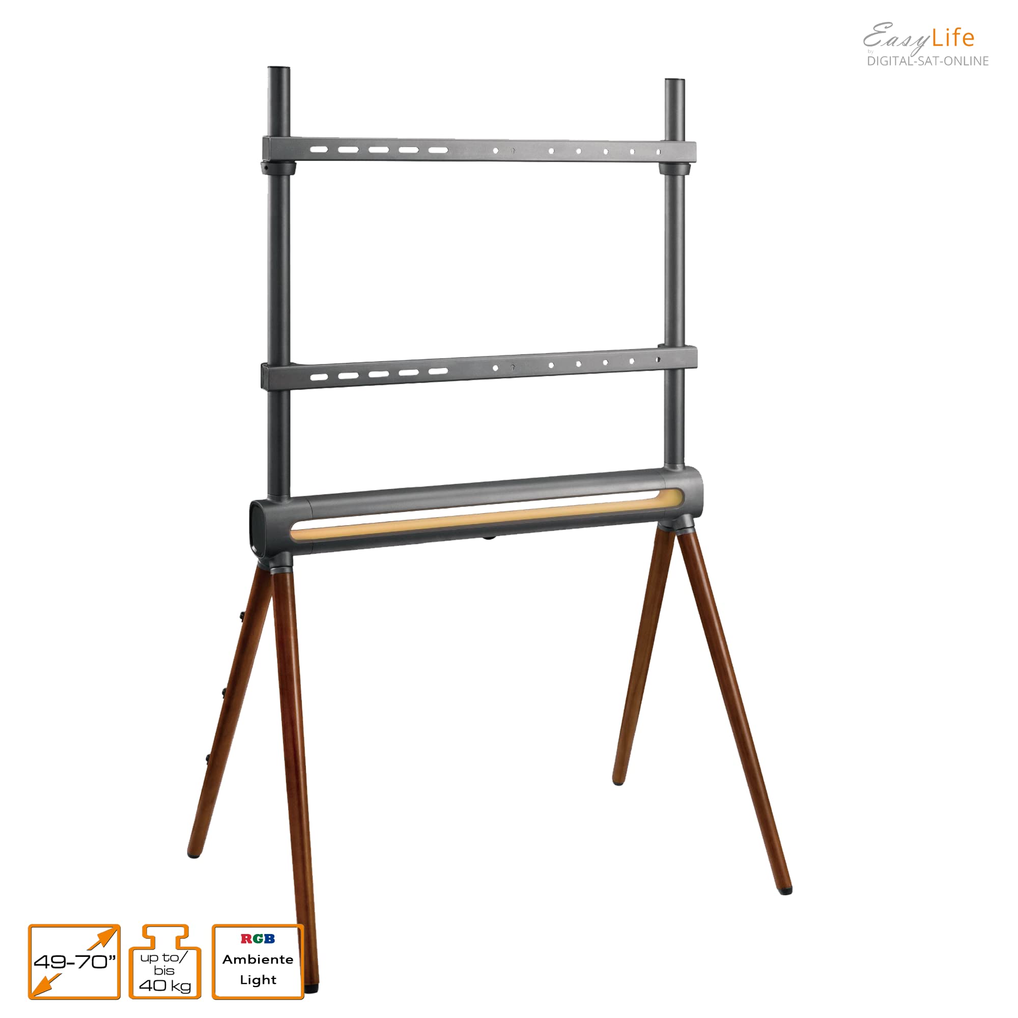 EasyLife - Soporte de TV de 4 patas con iluminación ambiental LED - Soporte de TV y monitor de hasta 70" y 40 kg, regulable en altura, VESA hasta 600x400 (grafito/nuez oscuro)