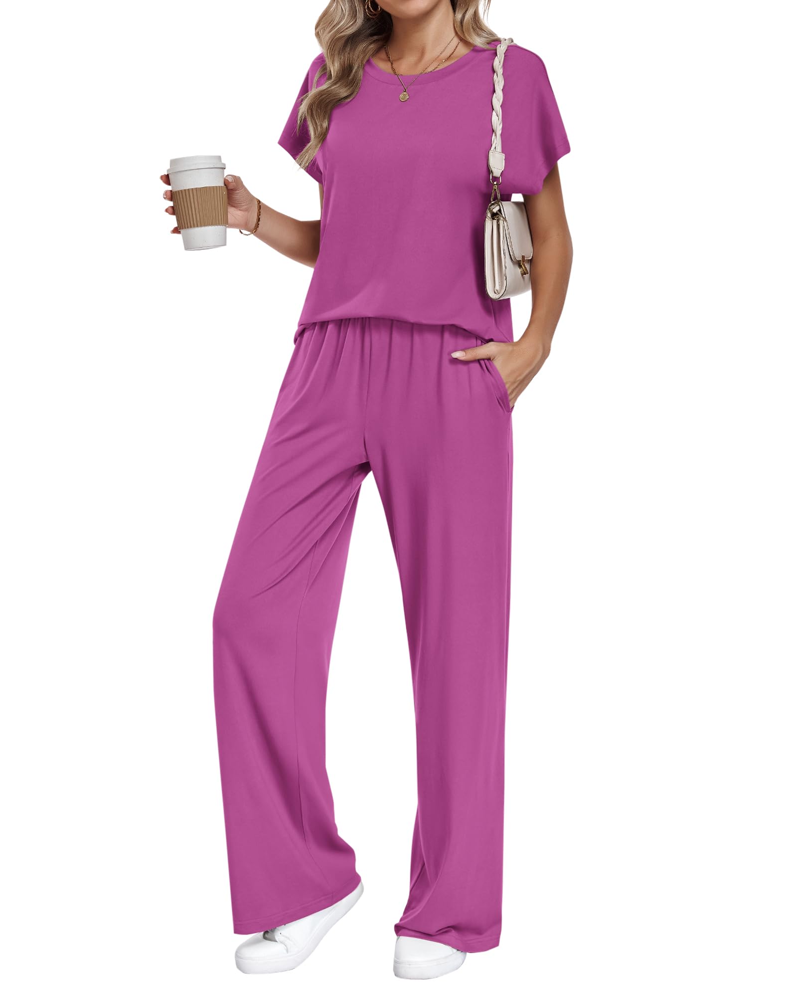 Two Piece Sets for Women Cruise Essentials 2026 Spring Summer Fall Fashion 2025 Travel Outfits Winter Clothes Trendy Lounge Sets Easter Outfit Matching Sets Wide Leg Pants Sweat Set Airport Brown L - view 2