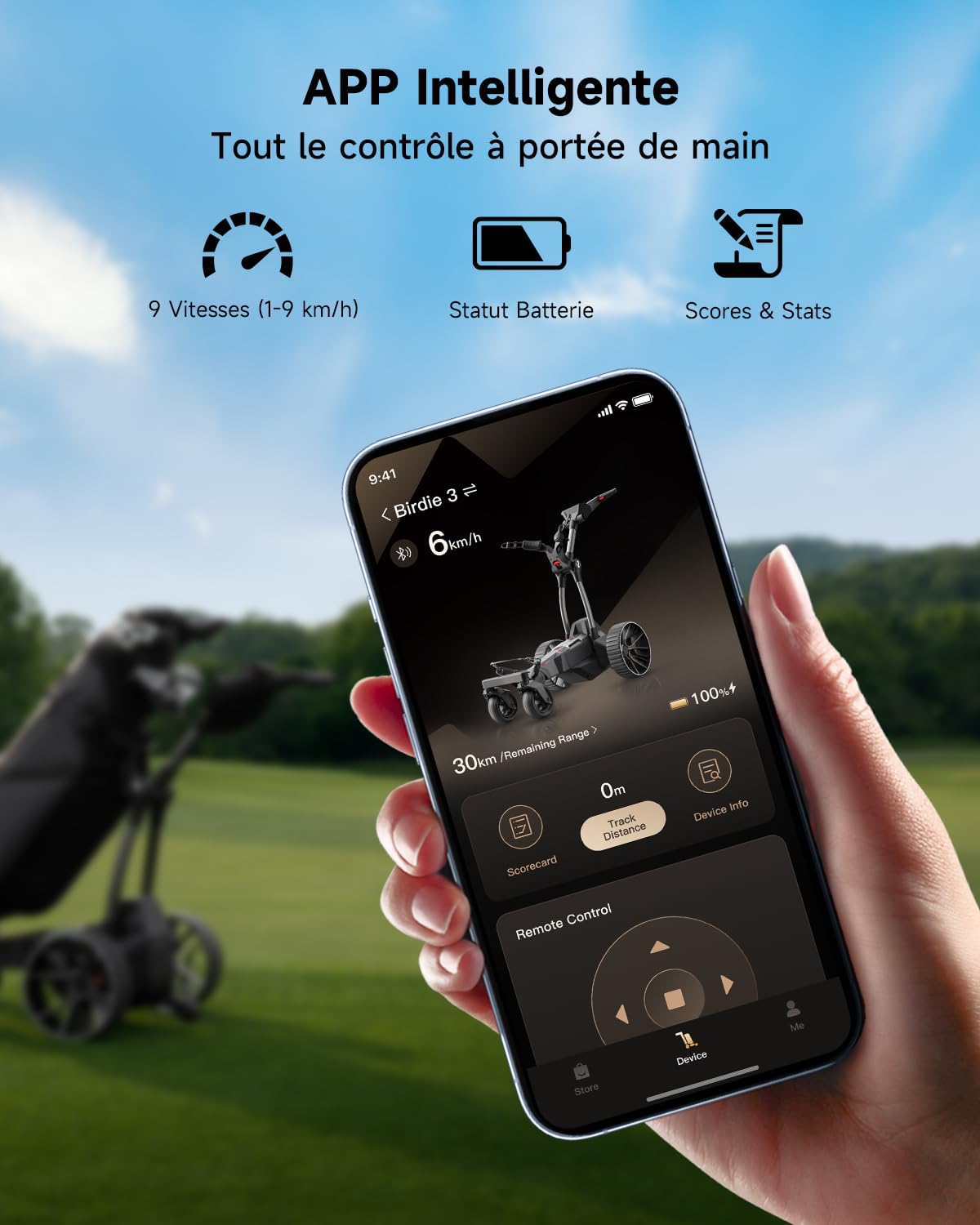 NAVEE Birdie 3 Série Chariot de Golf Électrique Télécommandé - Suivi Automatique Follow-Me UWB, App, Autonomie 36 Trous, Double Moteur 240W*2, Pliage 0,15m³, 4+1 Roues Tout-Terrain, Écran HD LED - 5