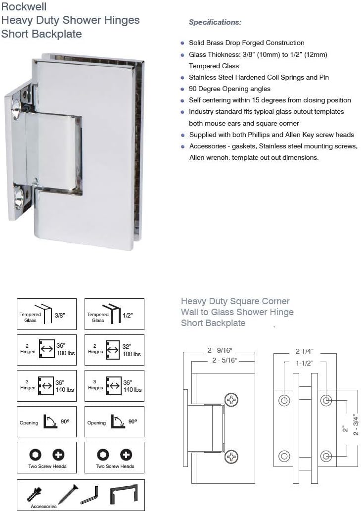 Rockwell Security Heavy Duty Square Corner Shower Hinge, Short Back Plate in Polished Chrome Finish