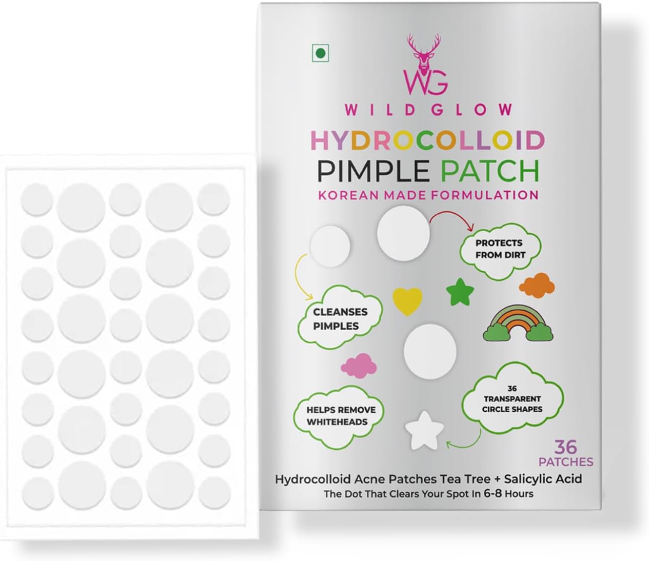 Korean Hydrocolloid Overnight Acne Pimple Patch | Enriched with 2% Salicylic Acid, Tea Tree Oil & Glycolic Acid | All Skin Types | Pack of 1: 36 Patches