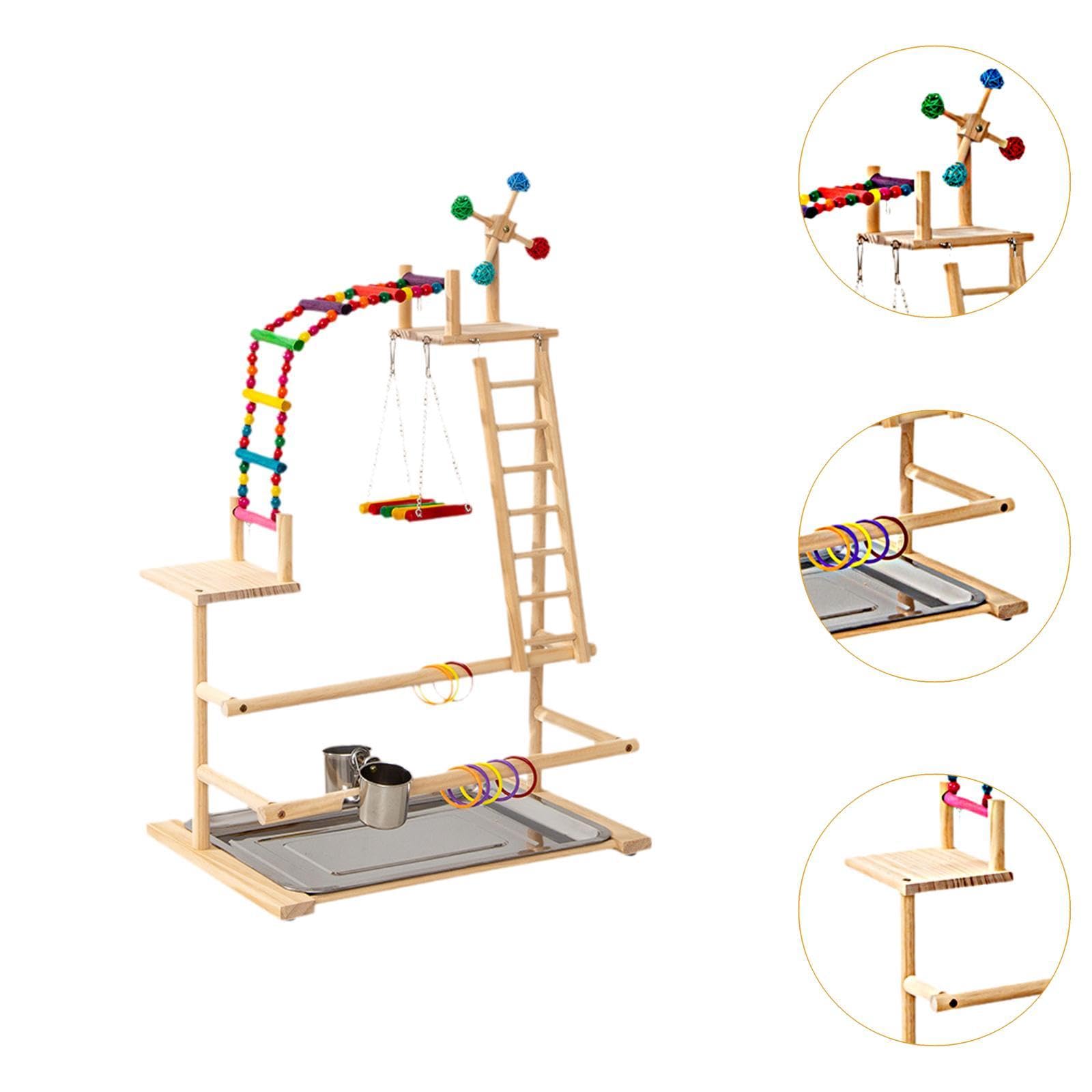 Parrocchetto Palestra Parco Giochi per Uccelli Pappagallo Posatoio in Legno Giocattolo Mulino Interattivo Multifunzionale Alimentatori Adatto per