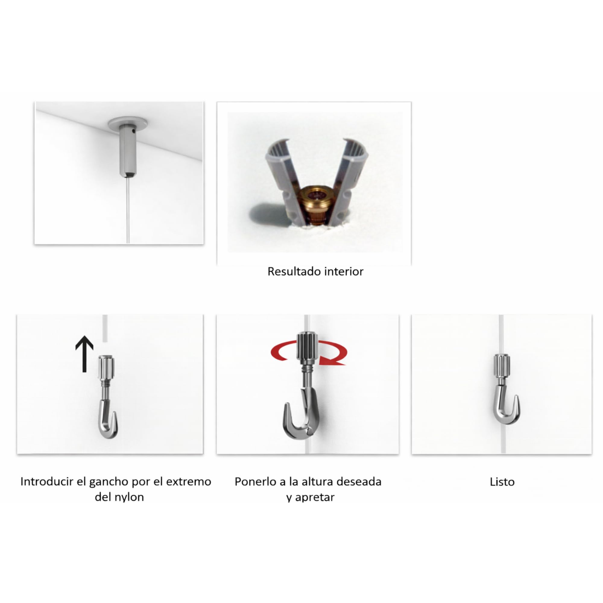 Ganchos para colgar cuadros | Soporte para techo regulable | Incluye taco expansivo | Nylon 2 m + gancho Fast | Soporta hasta 9 kg | Ideal para hogar o escaparates (10 unidad)