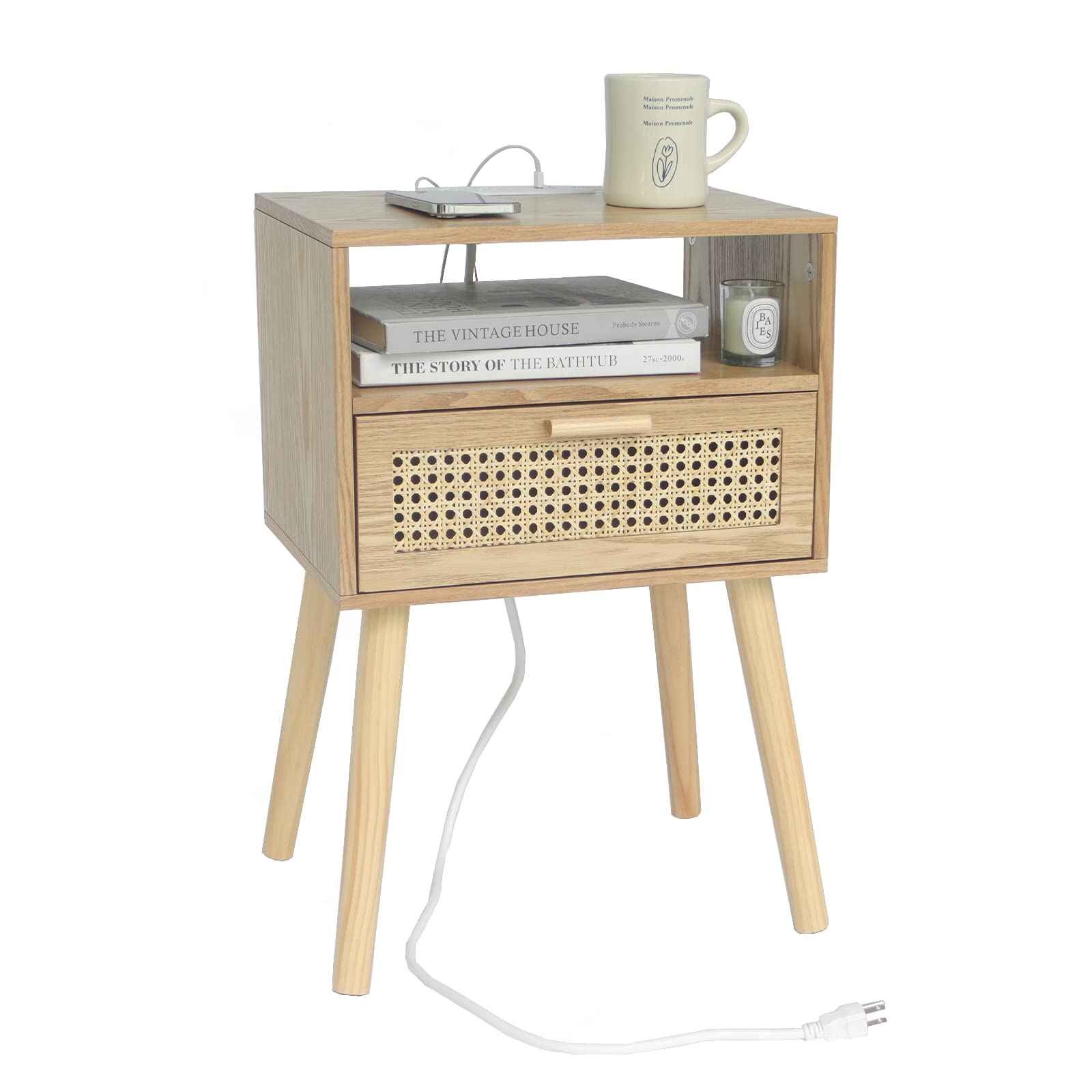 MaxSmeo Bedside Table, Small Nightstand with Charging Station, Rattan Side Table Small Wood End Table for Living Room, Bedroom and Small Spaces, Mid Century Modern Nightstand, Easy Assembly (Natural)