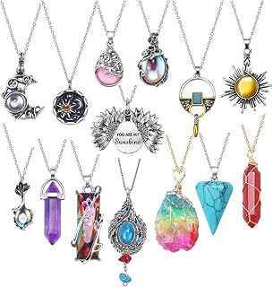 SUNNYOUTH Vintage Crystal Pendant Necklaces for Women - Chakra Healing Carnelian, Bohemian Retro Sunflower Sun Moon Pendants Set of 14