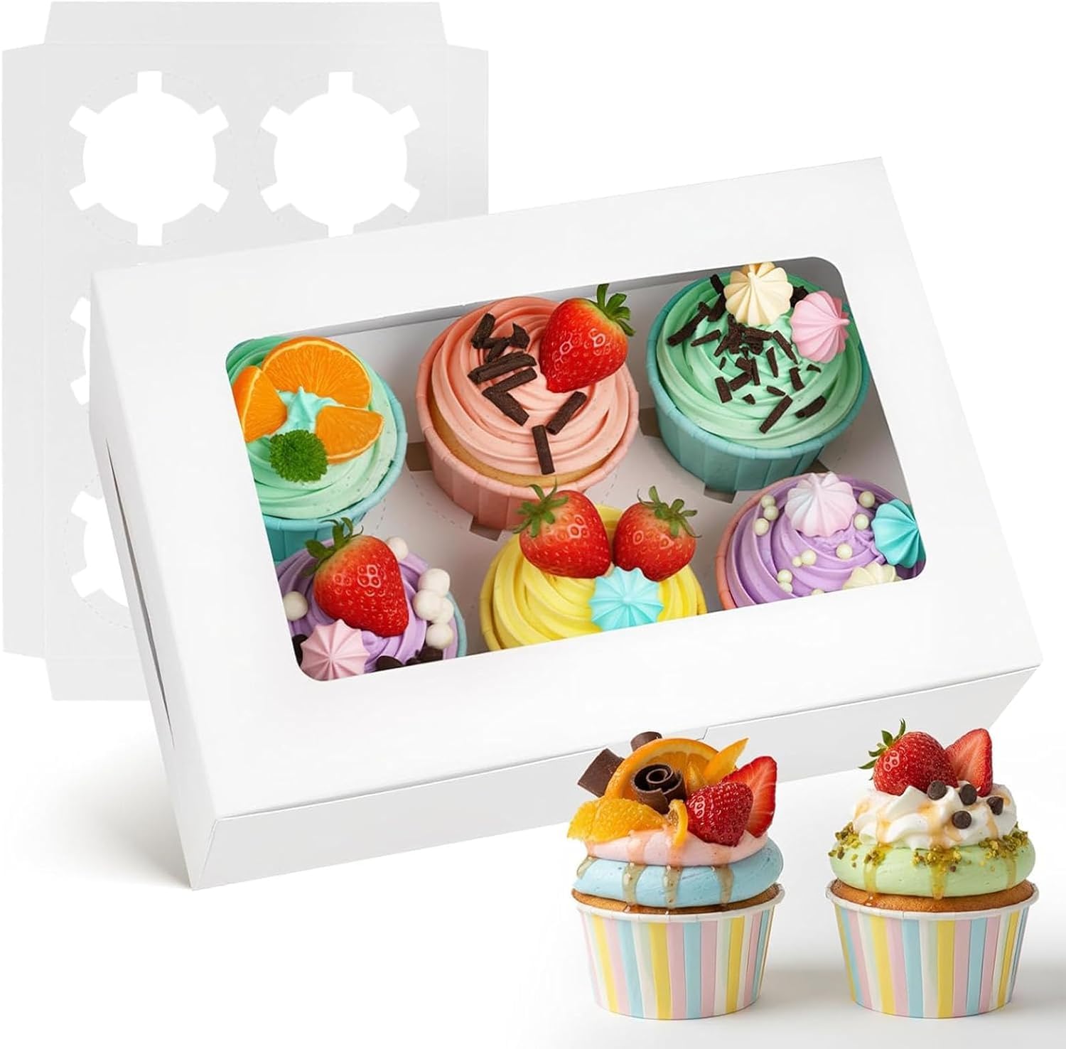 Vesmiga 6 Hole Cupcake Boxes with Window and Inserts, 6 Pack White Bakery Boxes for Cupcakes and Muffins, Ideal for Home Baking, Parties, Weddings & Cake Shops