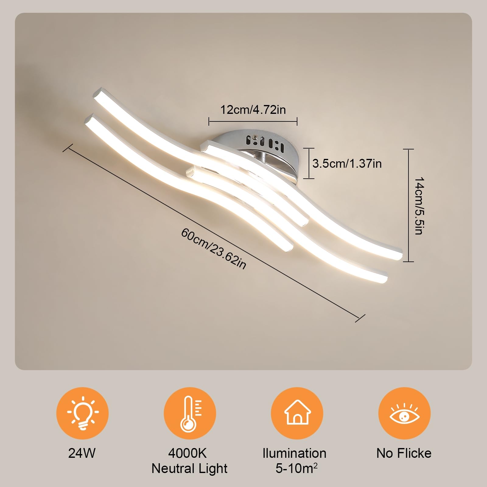 Osairous Plafoniera LED Soffitto Moderno, 24W 2300LM Lampada da Soffitto in Acrilico, Luce Bianca Neutra 4000K per Soggiorno Camera da Letto Cucina e Ristorante,53CM