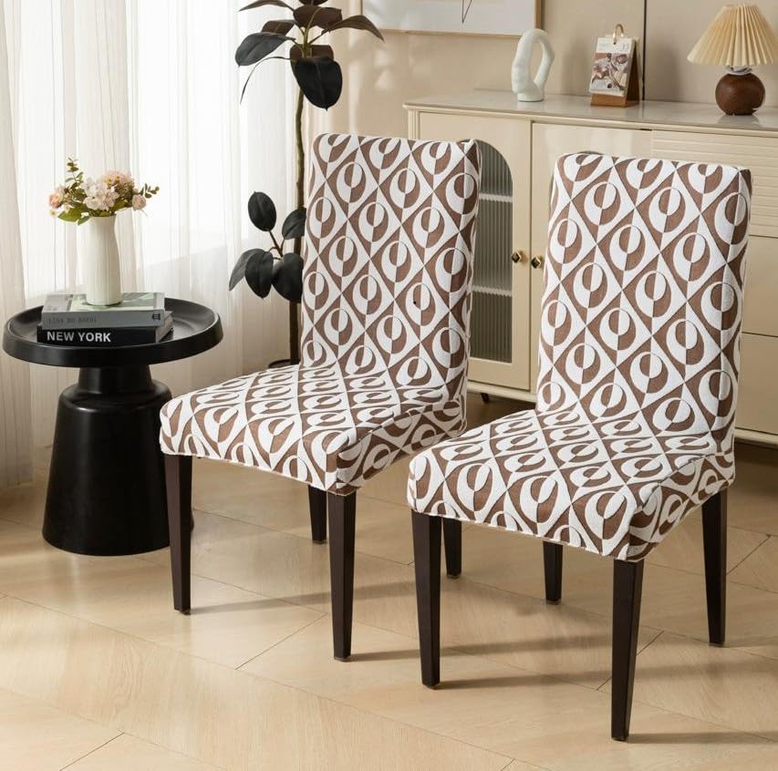 Image of HOMETHREADS Stretchable Elastic Jacquard Chair Seat Cover and Waterproof Dining Table Cover - Removable & Washable, Durable Seat Protector for Dining Room (Coffee, 4Chairs+1Table Cover (150X180))