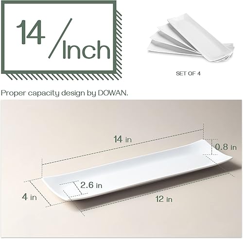 Miniatura 6 de DOWAN Juego de 4 platos de sushi de 14 pulgadas, platos rectangulares largos y bandejas para galletas para servir, platos de cerámica blanca para