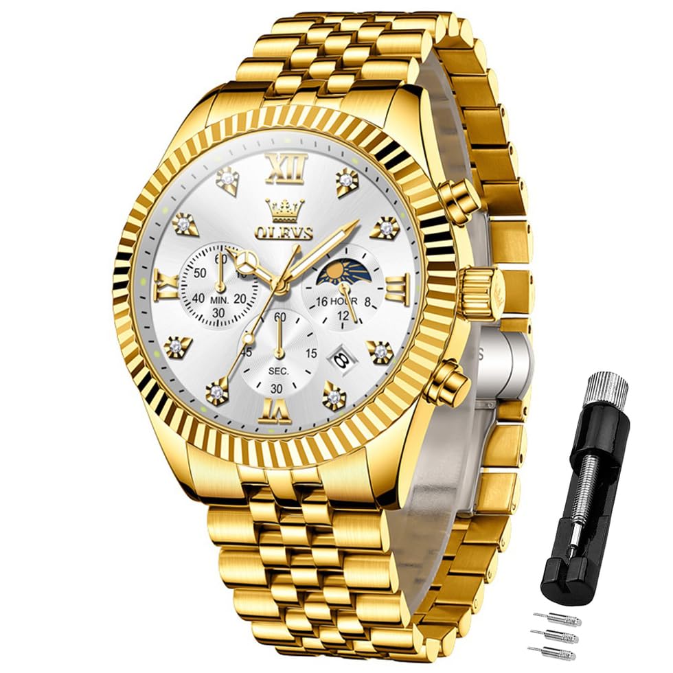 Watch for Men Analog Quartz Stainless Steel Moon Phase Calendar Chronograph Diamond Watches Waterproof Wrist Watch Luminous