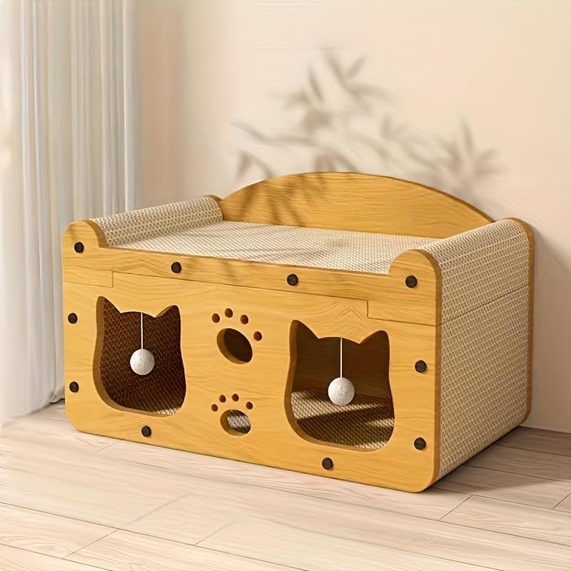 2-in-1 Kratzbaum und gemütliches Katzenbett mit hängendem Ballspielzeug - großes Kartonbett, Katzen-Spielhaus, Langlebiges Katzenspielzeug, lustige Möbelgeschenkidee, Katzenzubehör