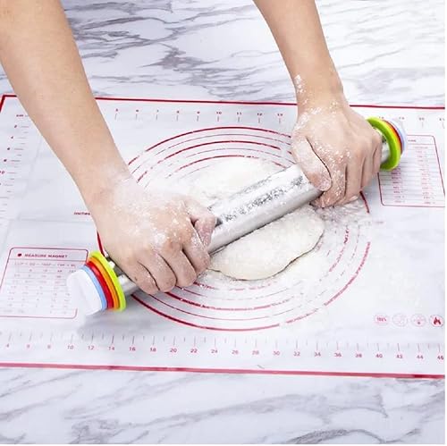 Stainless Steel Rolling Pin Dough Roller 17” X 2” With 4 Removable Adjustable Thickness Ring And Non-Slip Silicone Pastry Mat 24” X 16” | Red Basting Brush For Baking Dough, Pizza, Pie, Pastries #TOP6