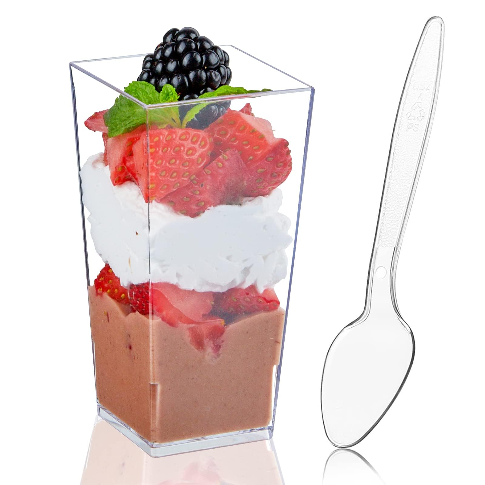 MEETOZ 50Pack 3oz Mini Clear PP Dessert Cups with Spoons Mini Square Tall Tumbler Sample Cups for Individual Mousse Trifle Fruit Pudding