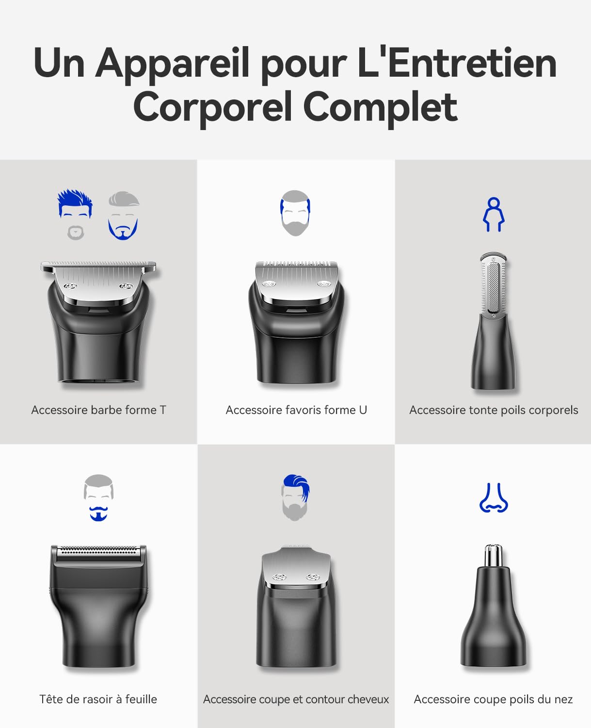 KENSEN Tondeuse tout-en-un 18 accessoires pour corps, barbe et cheveux | 2 velocità 120 Mins d'Autonomie Tondeuse Multifonction Homme 100% Étanche, 7 Hauteurs de Coupe(3/4/6/9/11/12/15mm)
