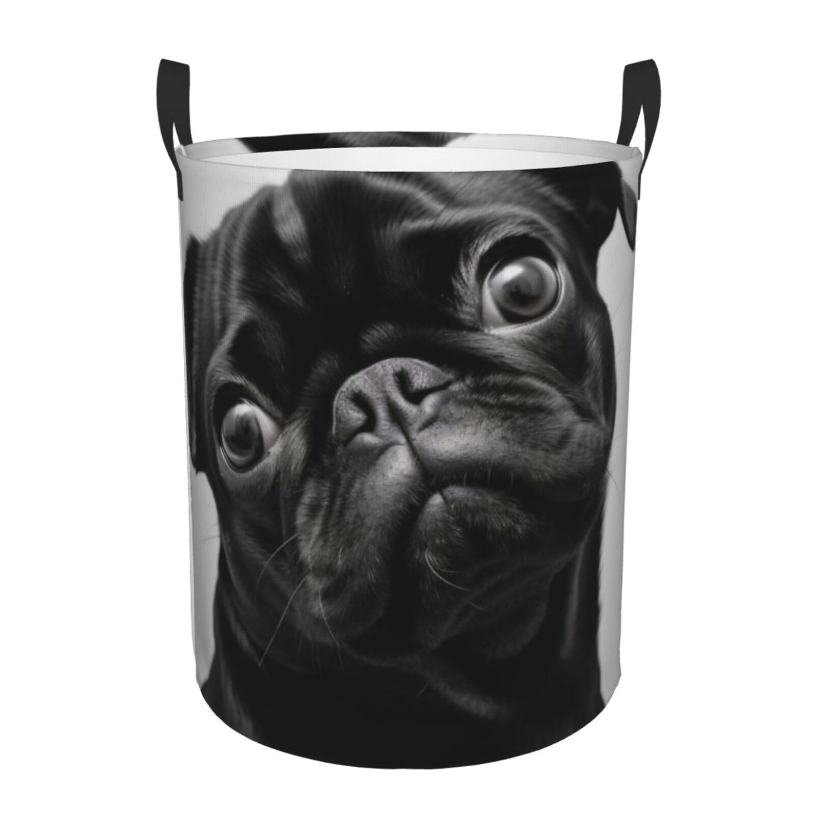 Circular Laundry Basket | Cute Black Pug Dog | Foldable Laundry Hamper, Waterproof Oxford Cloth Dirty Laundry Basket With Handles, Toy Storage Basket For Bedroom, Bathroom, Office, College Dorms