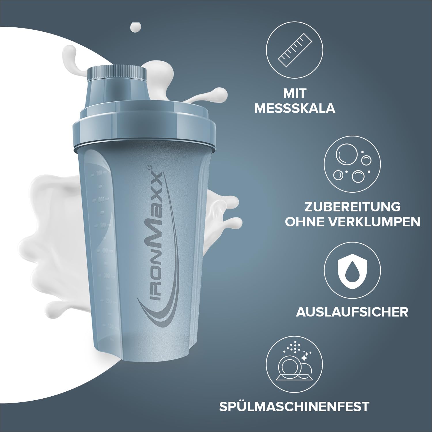 IronMaxx 700ml Protein Shaker Kyanite Blue con tappo a vite, setaccio e scala di misurazione, borraccia da palestra a tenuta stagna per proteine idrolizzate, senza BPA e plastificanti DEHP
