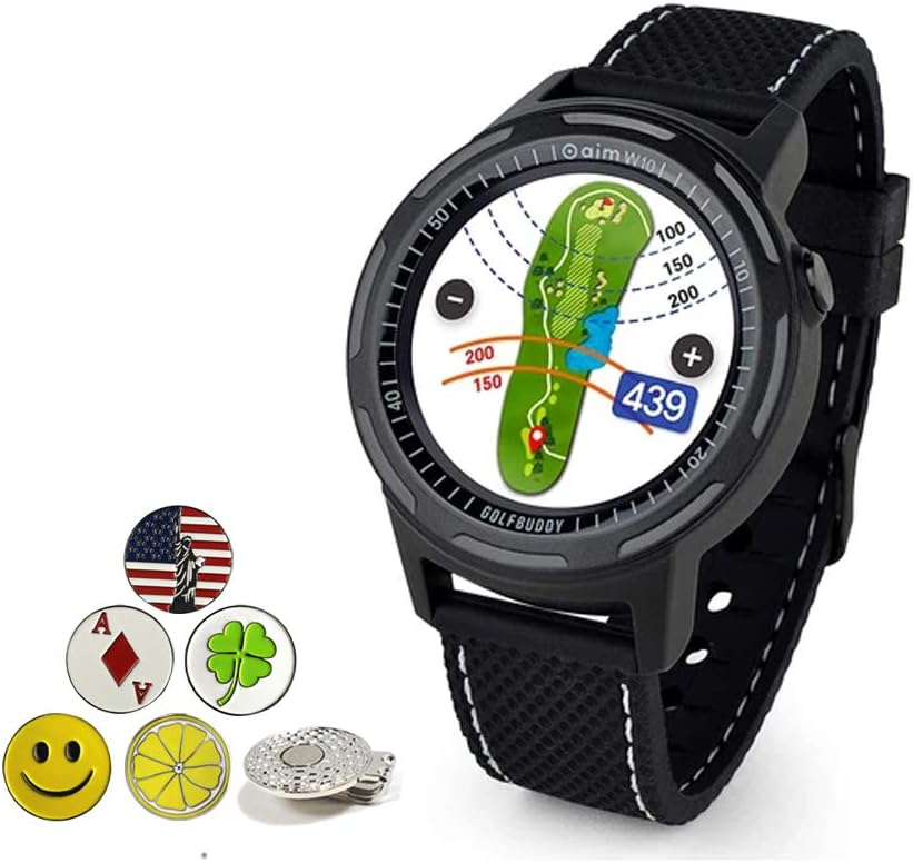Golf Buddy Aim W10 Bluetooth Wireless Golf GPS Smartwatch Bundle with 5 Ball Markers and 1 Hat Clip - GPS Rangefinder Watch - Black Golf Buddy Aim W10 Bluetooth Wireless Golf GPS Smartwatch Bundle with 5 Ball Markers and 1 Hat Clip - GPS Rangefinder Watch - Black