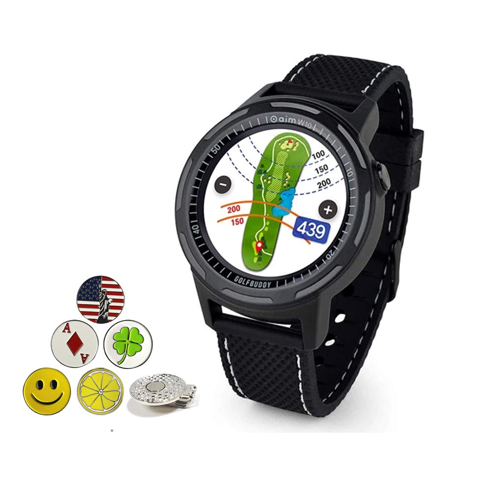 Golf BuddyAim W10 Bluetooth Wireless Golf GPS Smartwatch Bundle with 5 Ball Markers and 1 Hat Clip - GPS Rangefinder Watch - Black