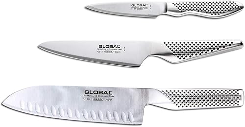 Global Juego de cuchillos de 3 piezas – Santoku de tierra hueca de 7 pulgadas, utilidad de 5 pulgadas, 3 1/2 pelado, acero inoxidable japonés